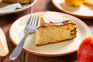 Pear pie. Homemade cake. Fruit dessert on a plate. 