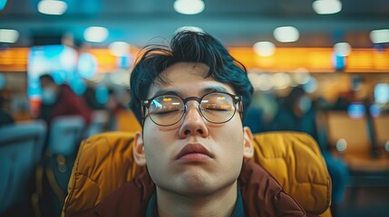 Obraz premium Sleep-Deprived Asian Businessman Staring Vacantly in Airport Lounge.