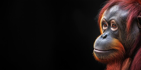 Fototapeta premium Photo of an orangutan isolated against a black background, emphasising the orangutan's majestic features. Wildlife and conservation concept, space for copy.