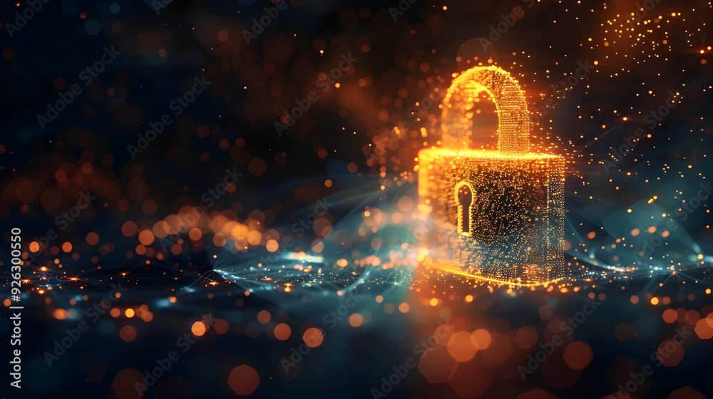 Poster glowing padlock icon with interconnected nodes symbolizing cybersecurity and data protection