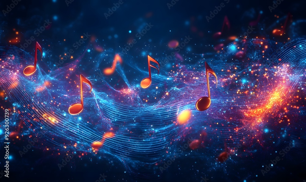 Wall mural red music notes floating above blue and orange sparkles