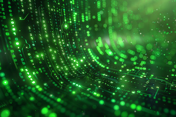 abstract green banner background represents innovative future of digital technology, showcasing a fusion of data and tech concepts in a visually captivating and dynamic display