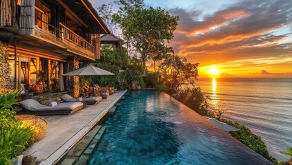 Fototapeta premium Sunset view from infinity pool overlooking ocean.