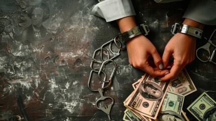 International Anti-Corruption Day. Hands in handcuffs and money on a wooden table. Horizontal banner. Free space for text. Problem of bribery and corruption concept
