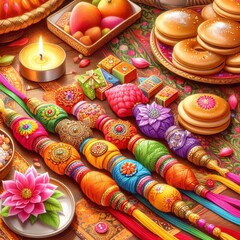 Vibrant Raksha Bandhan Celebration Illustrated in Ultra-Realistic Watercolor, Featuring Colorful Rakhis, Sweets, Desserts, and a Candle, Capturing the Festive Atmosphere in Close-Up