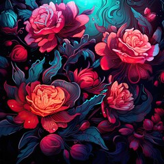 Vibrant Red and Blue Floral Artwork on Dark Background