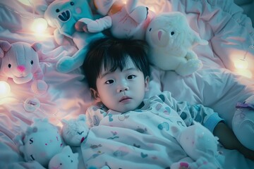 Young Asian Child Playfully Surrounded by Toys in Soft Ambiance.