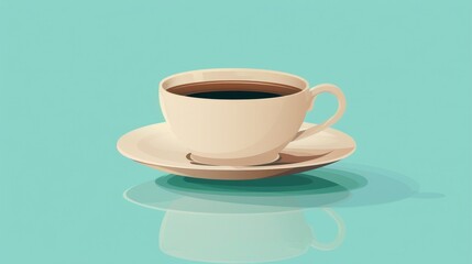 Obraz premium A beautifully simple coffee cup with dark brew sitting on a matching saucer, set against a vibrant turquoise background.