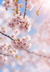 Fototapeta premium Sakura. Branches with pink flowers on a plain background for publications.