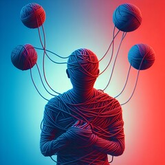 A tangled ball of yarn with threads leading to different parts of a person&rsquo;s body, symbolizing how anxiety affects various aspects of life. Sad. Depression. Mental Health Issue. Mental Illness.