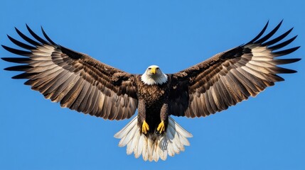 Fototapeta premium Bald Eagle Soaring with Wings Spread Against a Blue Sky