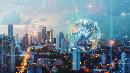 Smart digital Innovation city with connection network reciprocity over the cityscape. of future smart wireless digital city and social media networking systems that connects people with in city