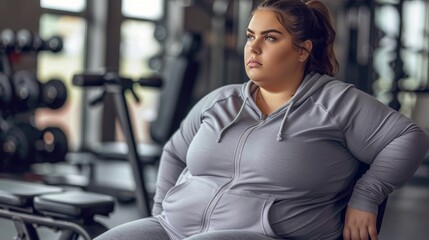 Obraz premium Portrait of a Thoughtful Overweight Woman Embracing Her Plus-Size Body in a Gym Interior