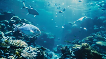 Fototapeta premium Strengthening marine ecosystems with antipoaching tech sustainable fishing side view Addressing overfishing through sustainable methods futuristic tone Monochromatic Color Scheme