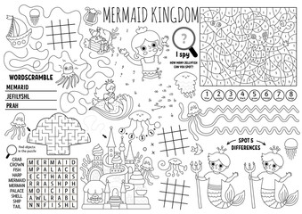 Vector mermaid placemat for kids. Ocean kingdom printable activity mat with maze, tic tac toe charts, connect the dots, find difference. Underwater princess black and white play mat, coloring page