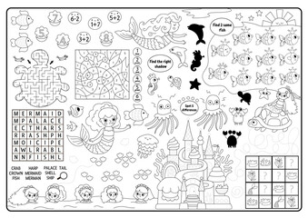 Vector mermaid black and white placemat. Ocean kingdom printable activity mat with maze, shadow match, find difference. Underwater coloring play mat, menu, kids magazine spreadsheet