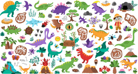 Vector dinosaur set. Cute prehistoric animal icons collection. Dino illustrations with Pterodactyl, Stegosaurus, Tyrannosaurus, Triceratops, T-Rex, paleontologist. Dino party elements for kids © Lexi Claus