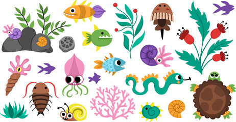 Vector ancient fish and marine creatures set. Cute prehistoric water animal icons collection. Dinosaur period illustrations with turtle, ammonite, nautilus. Giant bugs and beetles elements for kids