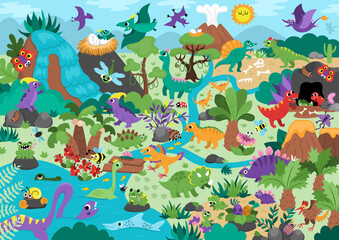 Vector dinosaur landscape illustration. Cute prehistoric scenery with mountains, forest, ancient plants and animals. Funny detailed scene with Pterodactyl, Stegosaurus, T-Rex. Dino land picture