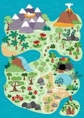 Fototapeta premium Vector empty ancient continent map. Dinosaur landscape illustration. Cute prehistoric scenery with mountains, forest, volcano. Funny detailed island scene with paths. Dino land picture for kids