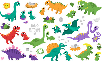 Vector dinosaur moms and babies set. Cute prehistoric animal icons collection. Dino mother and child illustrations. Parents and kids dinos with eggs, nest. Cute mothers day picture