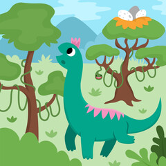 Vector square scene with brachiosaur eating leaves from high tree. Dinosaur landscape illustration. Cute prehistoric scenery with mountains, forest, tree with nest, eggs. Funny dino scene for kids