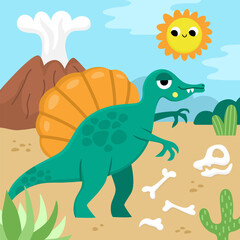 Vector square scene with spinosaurus. Dinosaur landscape illustration. Cute prehistoric scenery with desert, bones, volcano, smiling sun. Funny dino scene for kids