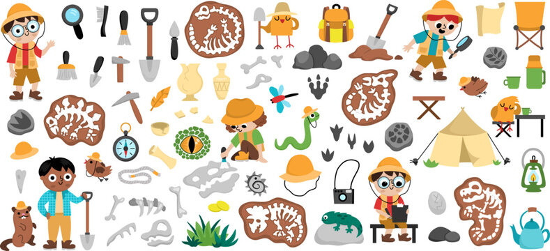 Naklejki Vector paleontologist set. Cute prehistoric animal scientist icons collection. Dino researcher illustrations with fossils, bones, tools, brushes, spades, camping tent. Archaeologists elements for kids