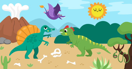 Vector horizontal scene with allosaurus and spinosaurus in the desert. Dinosaur landscape illustration. Cute prehistoric scenery with raptors, bones, volcano. Funny dino scene for kids