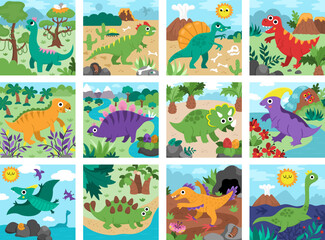 Vector dinosaur square scenes collection Dino landscape illustration pack for kids. Cute prehistoric scenes set with Spinosaurus, Velociraptor, Pterodactyl, Stegosaurus, Triceratops, T-Rex