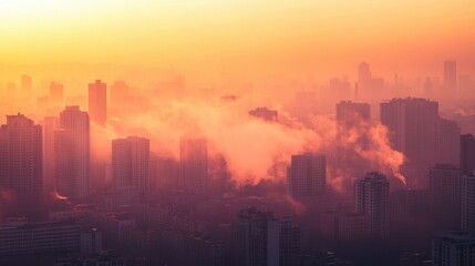 Fototapeta premium Sunrise illuminates a cityscape, highlighting skyscrapers shrouded in warm, colorful mist and atmospheric light
