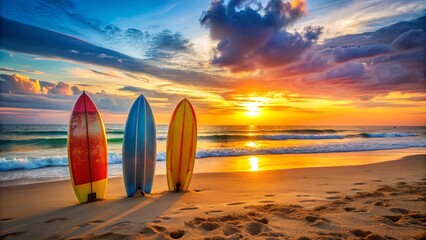 Colorful surfboards on sandy beach with ocean in background during sunset, surfboards, colorful, beach, sand, sea, ocean