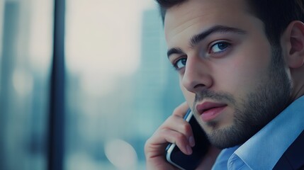 a business man talking on the phone, office background