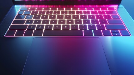 Naklejka premium Close-up of a sleek laptop keyboard illuminated by vibrant pink and blue lights, showcasing modern technology and design.
