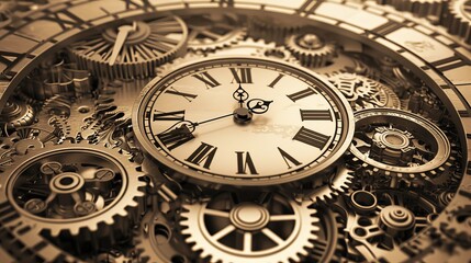 A clock exploding into gears and timepieces, representing the concept of time and ideas, steampunk style, sepia tones, intricate details
