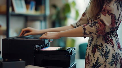 Woman using modern printer at workplace indoors, closeup. Generative AI illustration 