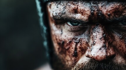 A striking close-up of a wounded warrior with face paint, displaying a fierce and intense gaze, exuding raw emotion and resilience after the heat of battle.