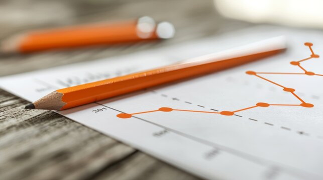 Orange Pencil on Paper with Fluctuating Line Graph Representing Business Trends and Analysis