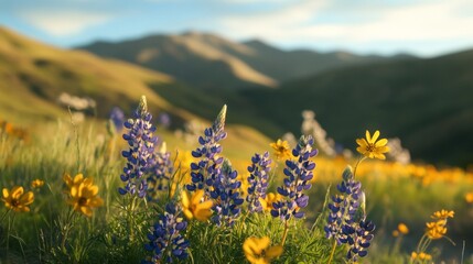 Obraz premium Purple and Yellow Wildflowers in a Field with Mountain Background