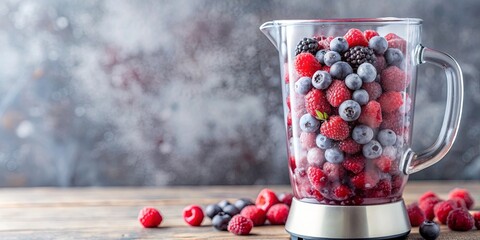 Blender filled with frozen berries to make a healthy smoothie, blender, frozen berries, healthy, smoothie, fruit