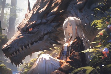 Enchanting Anime-Style Illustration: A Japanese Girl and Dragon in a Forest, a Whimsical Fairy Tale Art Piece, Ideal for Fantasy Game Concepts, Storybook Illustrations, and 4K Wallpapers