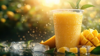 Refreshing Mango Smoothie in Sunlit Orchard Setting