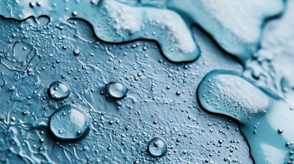 A high-resolution photographic close-up of water droplets dispersed across a textured surface, capturing the intricate details and reflective qualities of the droplets.