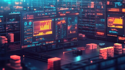 A digital flat art illustration of a warehouse management system interface with product listings, stock levels, and alerts high detailed