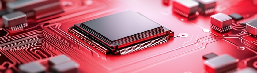 a computer chip on a red circuit board, showcasing intricate details and modern technology.