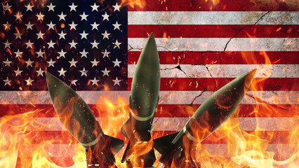 Rockets on fire against the backdrop of the American flag on a cracked concrete wall. War USA....