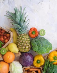 various fresh fruits and vegetables arranged neatly on a white background. generative ai