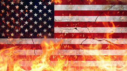 American flag on fire with flames and sparks on cracked concrete wall. Revolution, concept. Freedom...