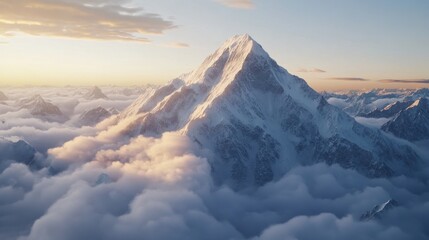 Fototapeta premium Snow-capped Mountain Peak Emerging from Clouds at Sunset