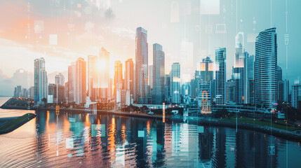 Smart digital Innovation city with connection network reciprocity over the cityscape. of future smart wireless digital city and social media networking systems that connects people with in city